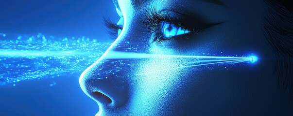 Futuristic digital eye emitting a beam of glowing blue energy