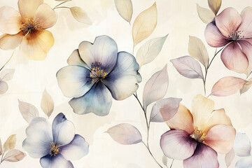 Poster - Soft pastel watercolor flowers with delicate leaves on light beige background create an elegant artistic pattern