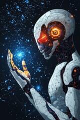 Poster - Futuristic robot interacting with glowing network in a sci-fi digital space