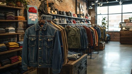 Poster - A warm and inviting boutique displays an array of casual clothing, featuring denim jackets and well-arranged garments in a stylish urban atmosphere filled with natural light