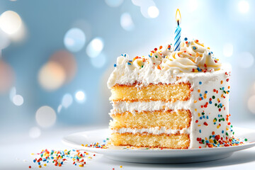 Sticker - Piece of birthday cake with a birthday burning candle on a plate isolated on white background