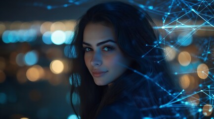 Poster - technological background with a girl who is standing near a wall with digital information