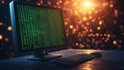 Wall Mural - retro computer displaying green matrix code on screen, surrounded by warm, glowing background. scene evokes sense of nostalgia and intrigue