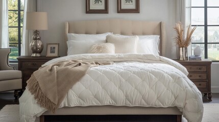 Aufkleber - Soft morning light filters through large windows, illuminating a tranquil bedroom where a plush bed with crisp white linens invites relaxation and rest amid tasteful decor
