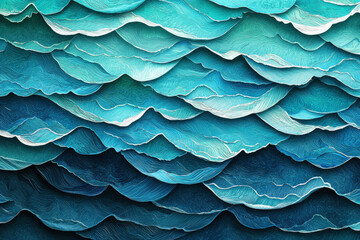 Poster - Textured pattern of soothing ocean waves in deep blue and turquoise with subtle white highlights creating a seamless design