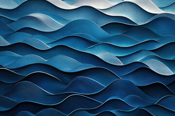 Poster - Textured pattern of overlapping waves in gradient blue tones creates a calming and fluid design suitable for various applications
