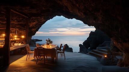 Wall Mural - Coastal cave dining experience, ocean views at twilight with warm glow-1