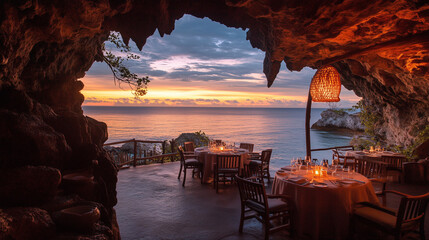 Wall Mural - Coastal cave dining experience, ocean views at twilight with warm glow-2