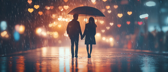 Wall Mural - Couple holding hands, umbrella above them with floating heart-shaped lights in the rain-4