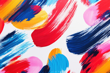 Poster - Dynamic and energetic abstract pattern of colorful brush strokes in red, blue, yellow, and pink against a white background