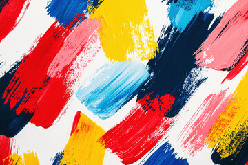 Poster - Vibrant pattern of colorful brush strokes creates dynamic and energetic artwork with bold reds, blues, and yellows on a white background