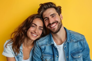 Wall Mural - Portrait of a happy couple in their 30s sporting a versatile denim shirt while standing against soft yellow background