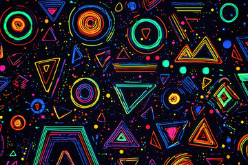 Poster - Vibrant neon geometric shapes glowing on a black background creating a bold and futuristic design