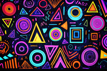 Poster - Vibrant neon-colored geometric shapes create a futuristic pattern on a jet-black background