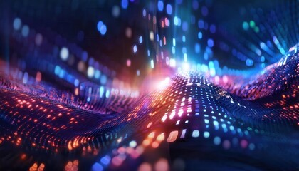 Poster - 3d data wave with glowing digital particles and neon lights in abstract futuristic network or technology concept