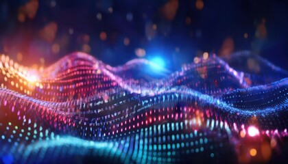 Poster - 3d data wave with glowing digital particles and neon lights in abstract futuristic network or technology concept