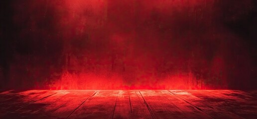 Poster - The empty, futuristic spaceship club scene, depicted in a 3D rendering, features a neon red-orange stage, a large white billboard, and a concrete floor, all set in a dark cyber showroom