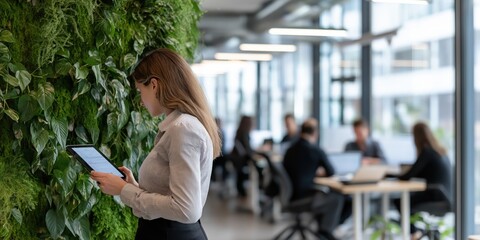 Wall Mural - Confident Young Professional Holding a Tablet in a Modern Co-Working Space