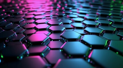 Aufkleber - A captivating abstract background of hexagonal grids with bright metallic textures, glowing in vivid pink, blue, and green hues