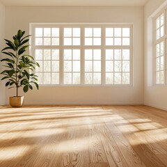 Poster - Bright minimalist interior design featuring neutral tones spacious room wide angle view modern aesthetic