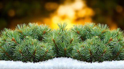 Wall Mural - Lush green pine branches adorned with snow, glowing softly in the warm background light