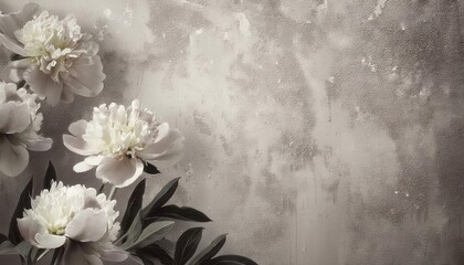 Poster - delicate white peony flowers with soft gray background and gentle moisture droplets, perfect for elegant home decor