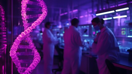 Poster - Colorful Laboratory Scene with DNA Helix and Scientists Working