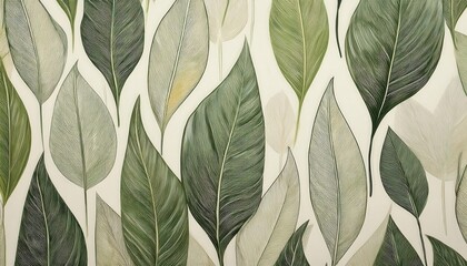 Fototapete - detailed graphic illustration of green leaves with intricate line work on light background, perfect for nature inspired decor