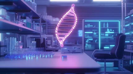 Poster - Futuristic Laboratory with Digital DNA Strand and Neon Lights