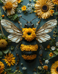 Poster - image of a bee made from flowers, leaves and feathers