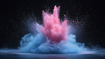 Poster - A captivating rush of pink and blue particles bursts forth in a vibrant explosion against a dark backdrop, showcasing the dynamic interplay of colors and textures in mid-air