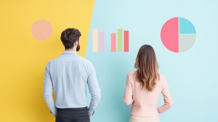 Poster - Two Professionals Analyzing Colorful Charts and Graphs on a Bright Wall in a Modern Office Setting