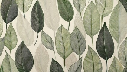 Fototapete - detailed graphic illustration of green leaves with intricate line work on light background, perfect for nature inspired decor