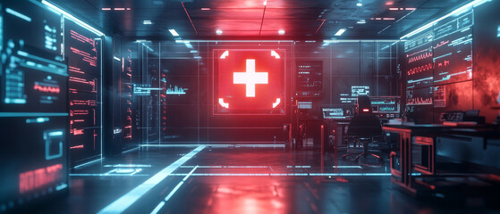 Poster - Futuristic medical workspace with glowing red cross symbol