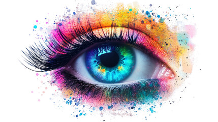 Poster - A close up of a stylized eye with vibrant rainbow colored makeup and a paint splatter effect.