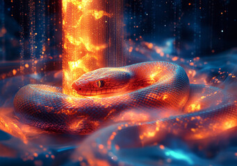 Poster - glowing snake coiling around digital pillar in vibrant colors