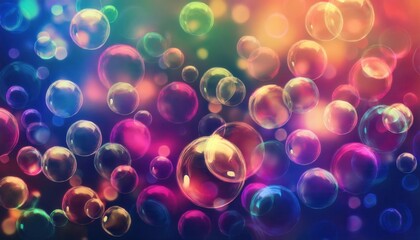 Poster - colorful glowing bubbles floating in abstract rainbow gradient background with soft blurred lights