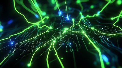 Leinwandbilder - A close-up of a glowing digital circuit board with intricate lines and connections illuminated in neon green and blue