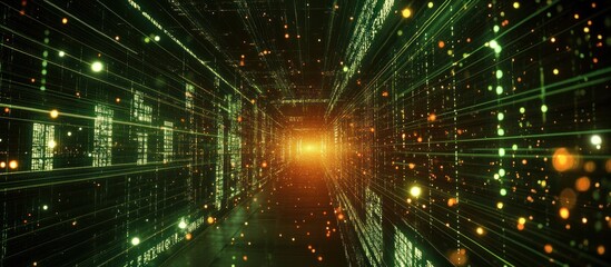 Digital data stream tunnel; glowing particles, code background; tech concept