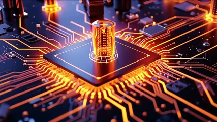 This closeup macro shot showcases a green printed circuit board with an electronic processor chip, highlighting the intricate circuitry of modern computer technology