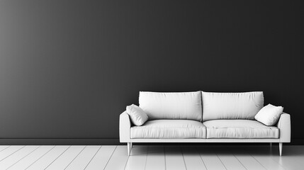 Wall Mural - A charcoal gray wall with a minimalistic white sofa, providing clear space to the left for copy