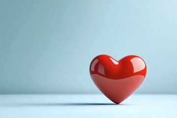 Poster - Red glossy heart shape on light blue background with soft shadow and copy space, romantic symbol for love, valentines day and relationships.