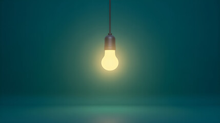 single glowing light bulb hanging, surrounded by unlit bulbs on a dark teal background, concept of innovation, unique idea