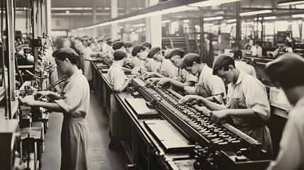 Leinwandbilder - Workers operating machinery and equipment on an assembly line in an industrial factory setting  The image depicts the manufacturing process production