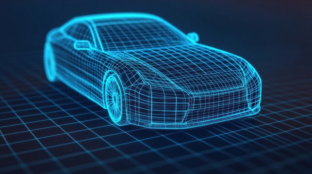 Futuristic Wireframe Car Model with Blue Glow in Dark Background