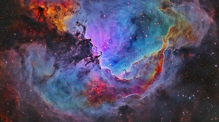 Aufkleber - A colorful nebula swirling with vibrant purples, blues, and reds, filled with distant stars and cosmic clouds