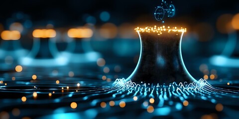 Poster - Glowing optical fiber strands emerging from central point with light bokeh effect in blue and orange tones creating futuristic technology concept.