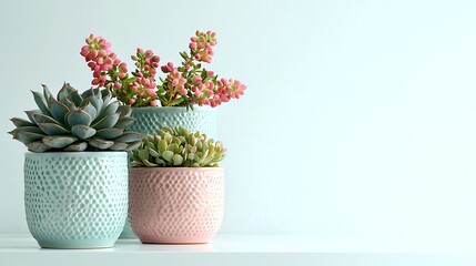 Wall Mural - Succulents in pastel pots on a shelf against a light blue wall. Home decor, blog, website