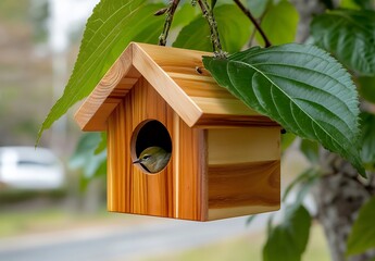 A small green bird rests inside a charming, handcrafted wooden birdhouse hanging from a tree branch