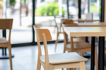 Poster - Empty cafe chairs and tables, city view